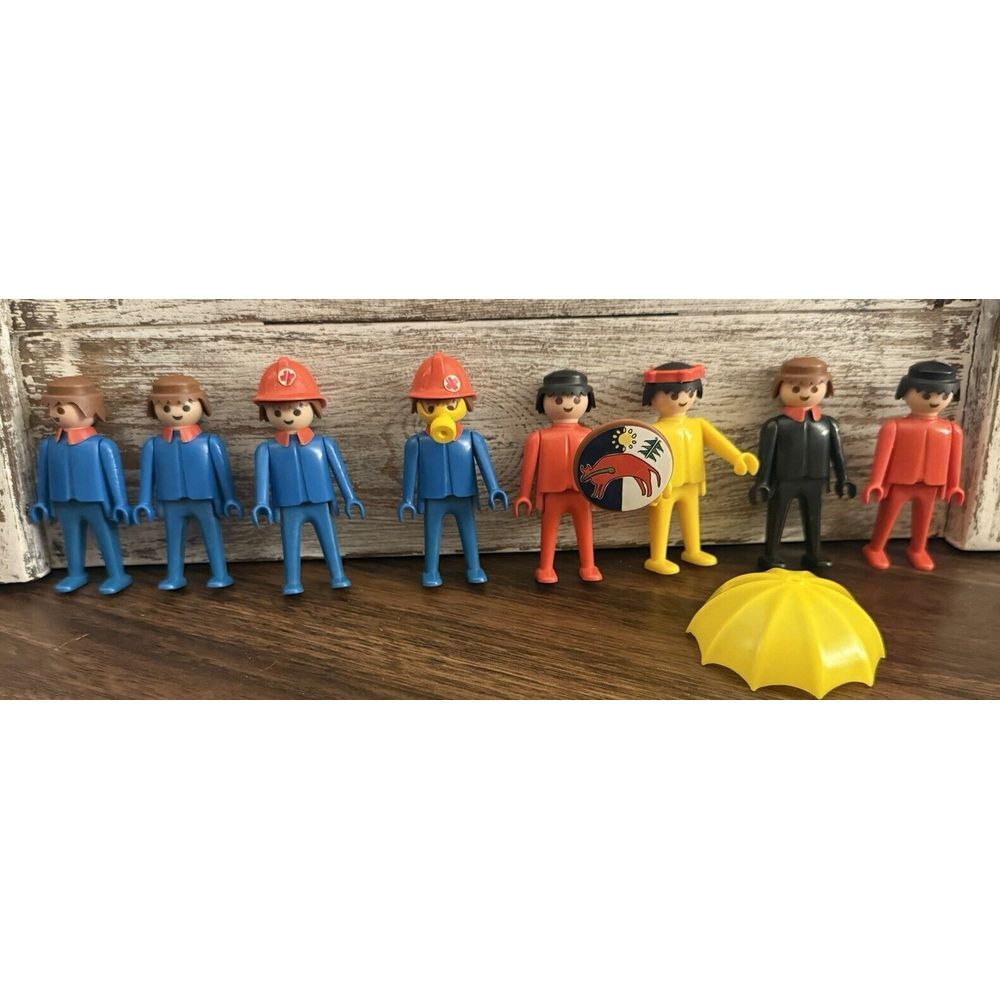 Playmobil Lot of 8 Vintage Figures Fireman Geobra Red Yellow Blue Black Umbrella